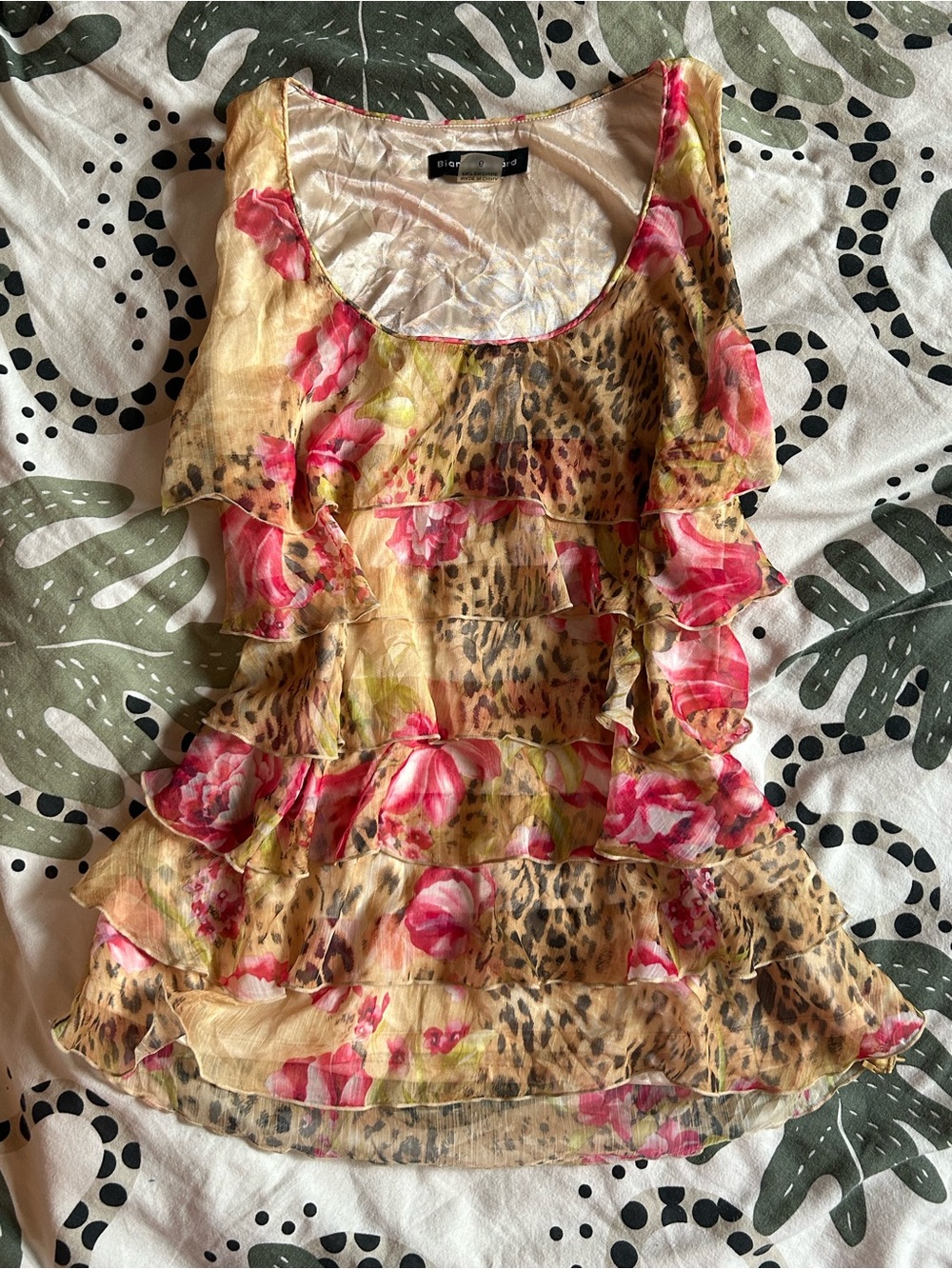 Vintage ‘Bianca Nygard’ Floral and Leopard Print Ruffled Sleeveless Blouse